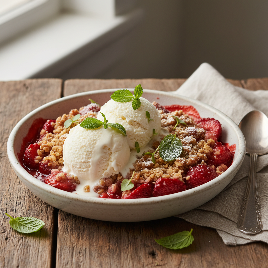 Fresh Strawberry Crisp served with vanilla ice cream