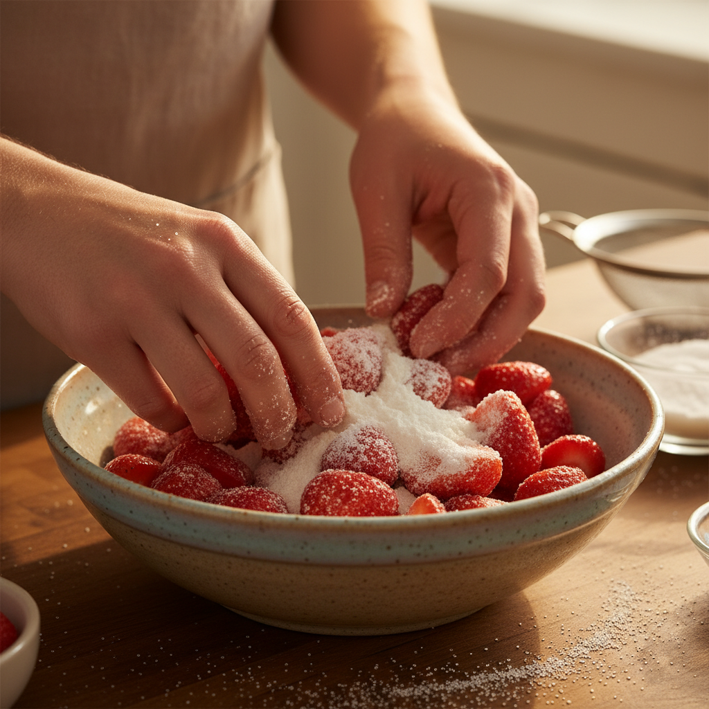Mixing strawberries with sugar and cornstarch