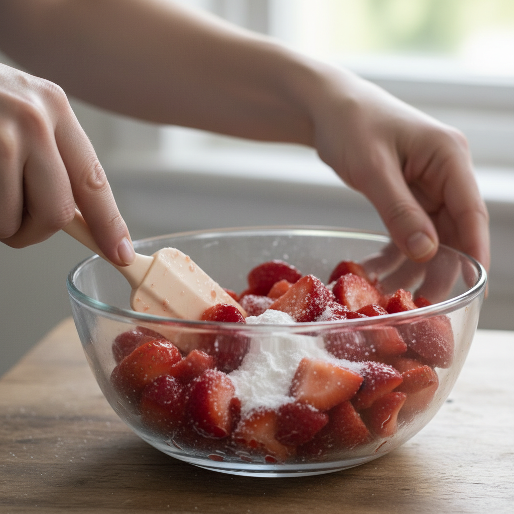 Strawberries mixed with sugar and cornstarch