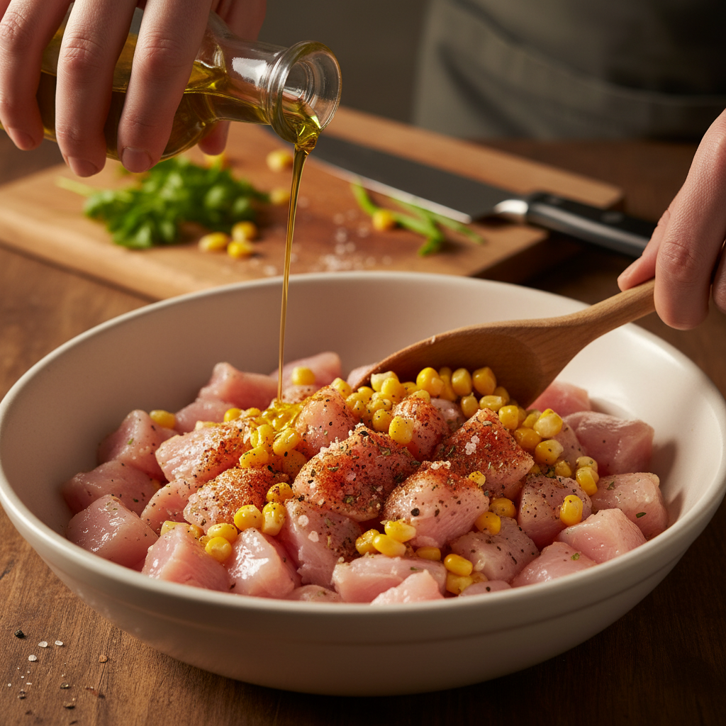 Mixing ingredients for Street Corn Chicken Rice Bowl