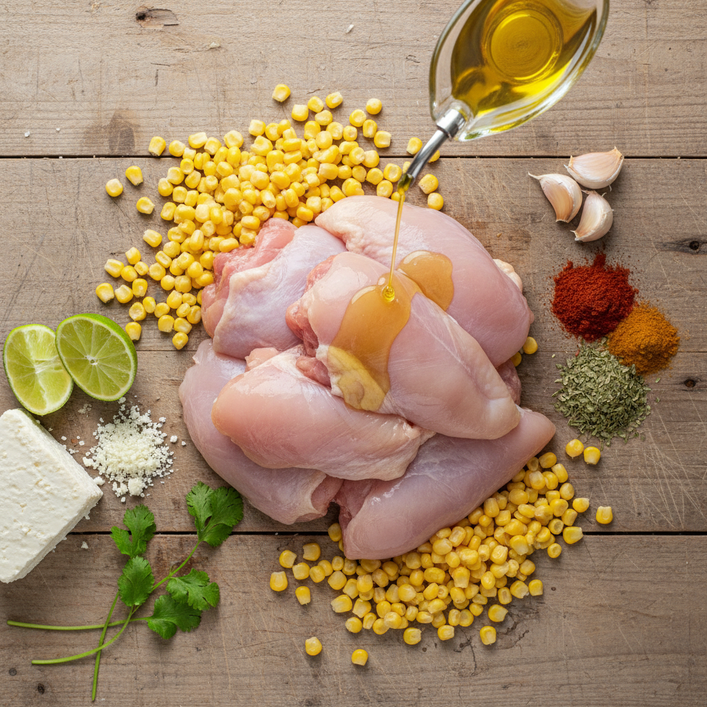 Ingredients for Street Corn Chicken Rice Bowl on a wooden table