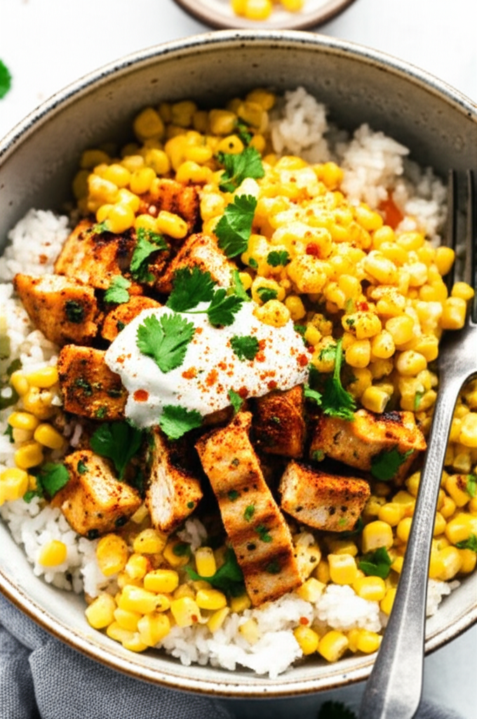 Street Corn Chicken Rice Bowl dish with grilled chicken, rice, and street corn