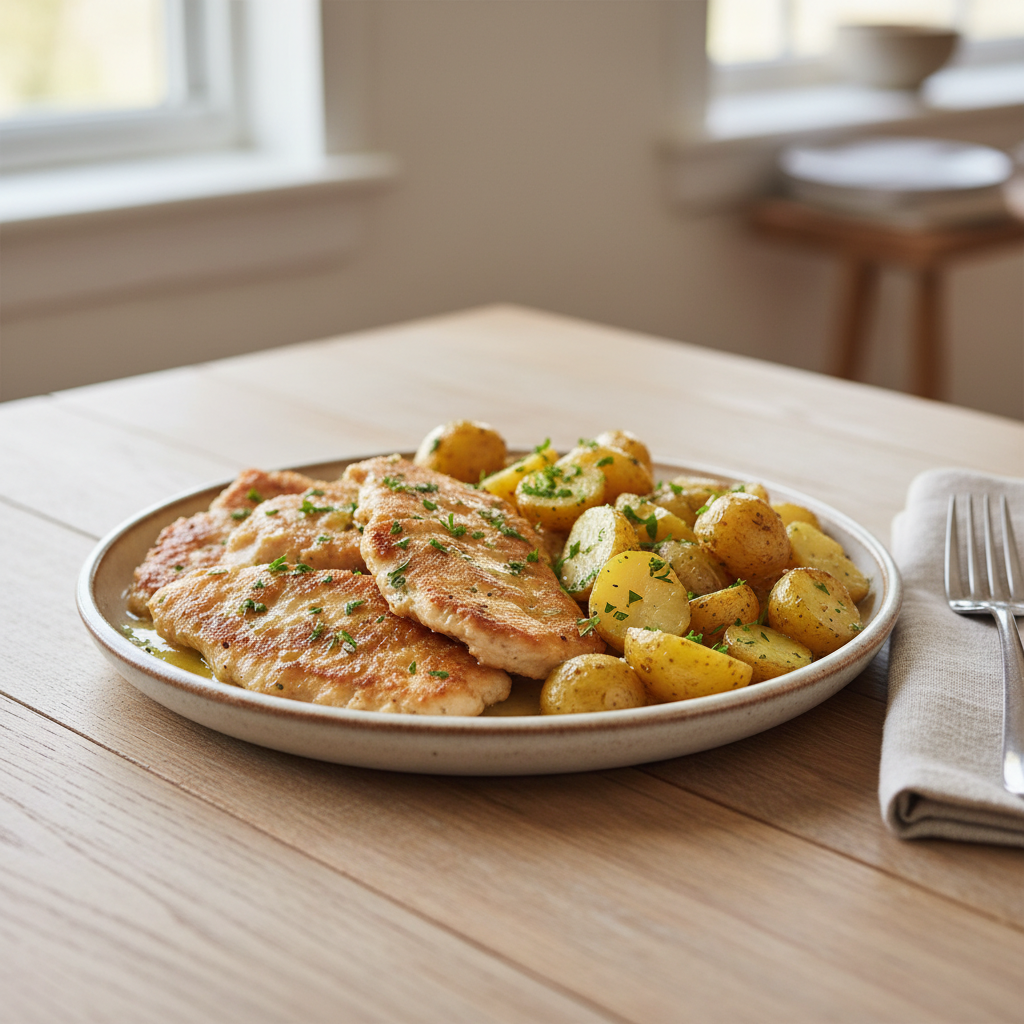 Finished Chicken Scallopini garnished with parsley