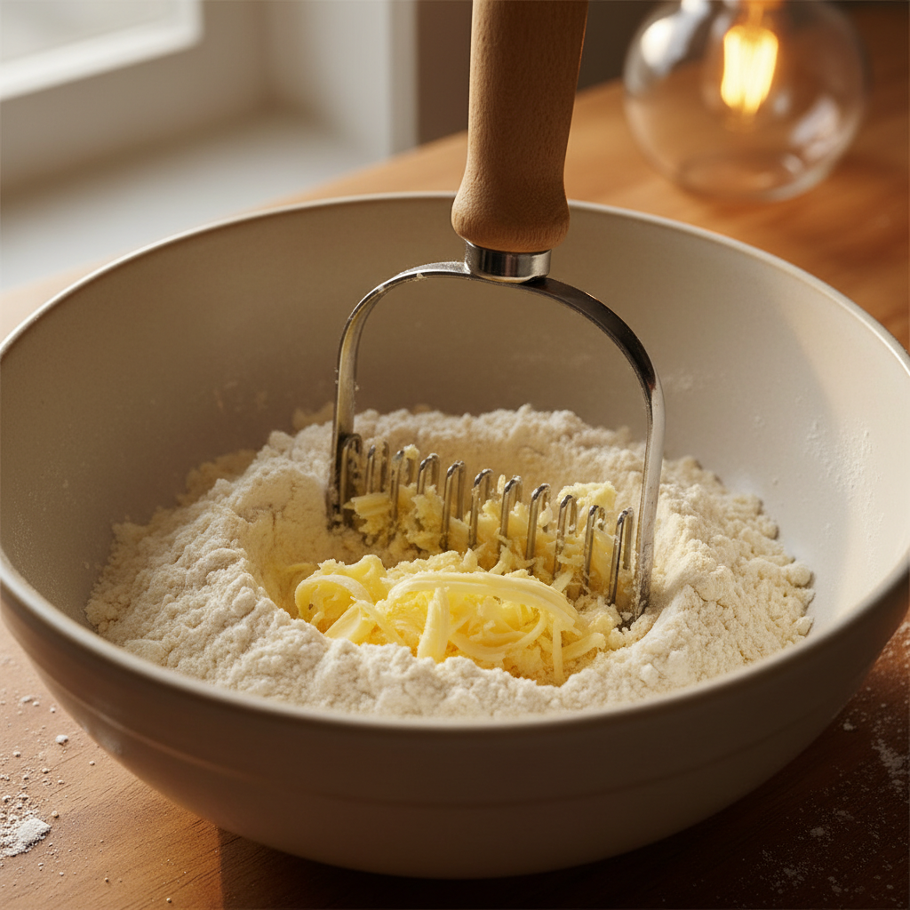 Mixing grated butter into flour to form biscuit dough