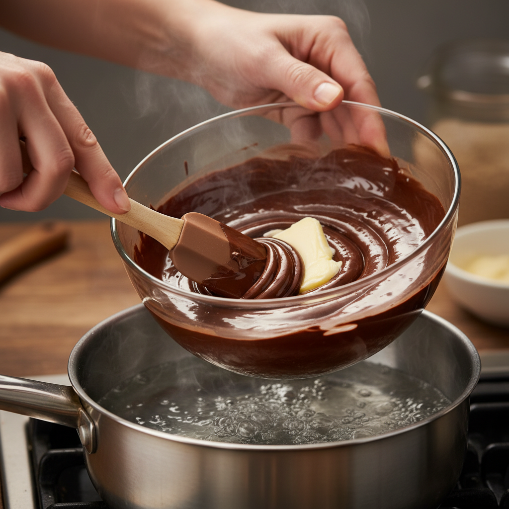 Melting chocolate and butter over simmering water