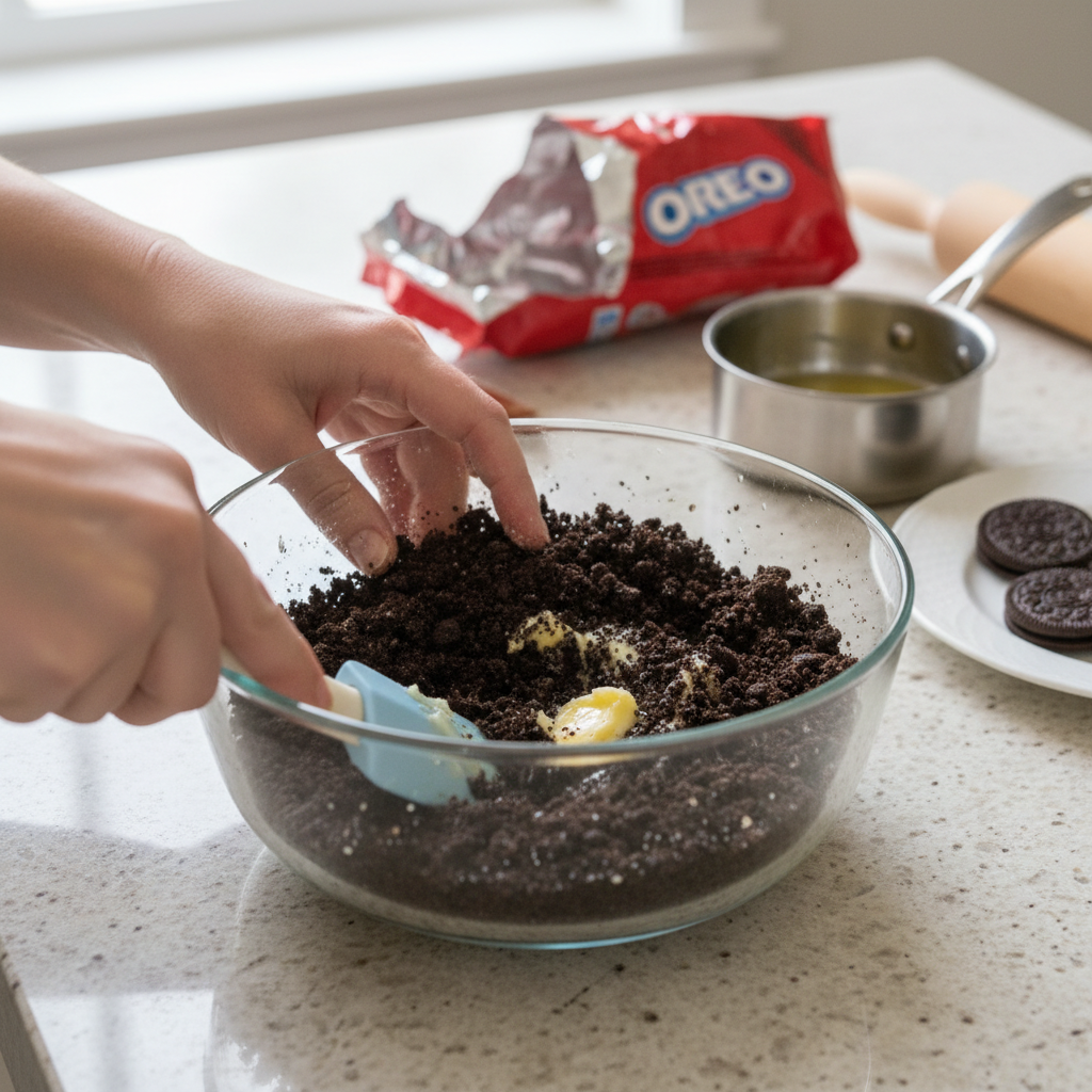 Oreo crust pressed in pan