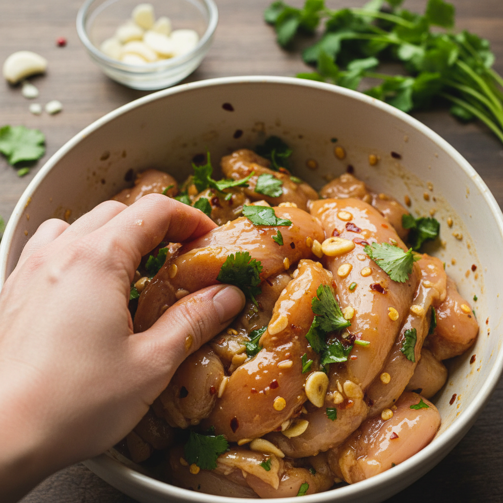 Chopped peppers, onions, and chicken marinating in a bowl for chicken fajitas