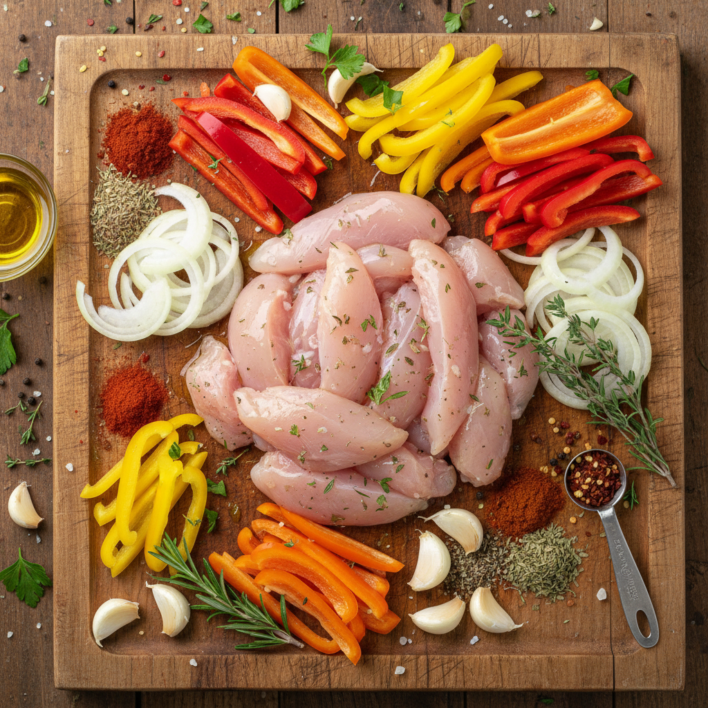Ingredients for making easy chicken fajitas laid out on a kitchen countertop
