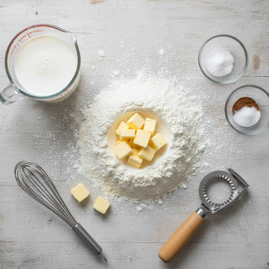 Ingredients for 3-ingredient buttermilk biscuits: flour, butter, and buttermilk