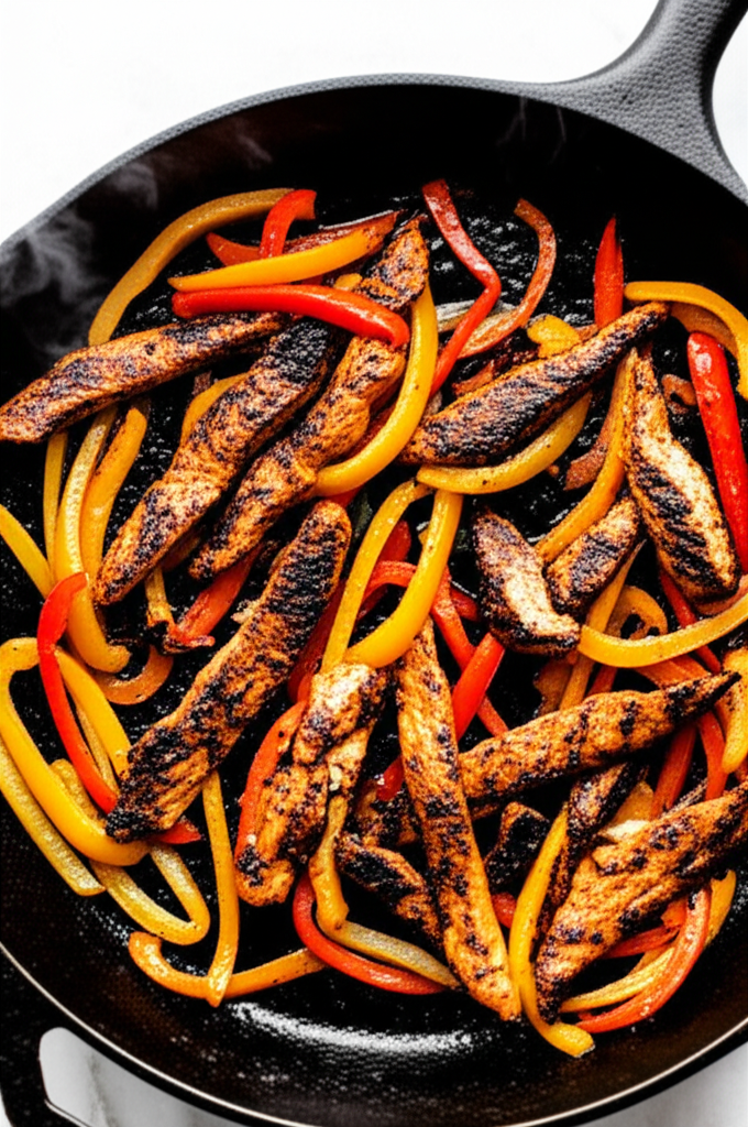 Chicken fajitas sizzling in a cast iron skillet with peppers and onions
