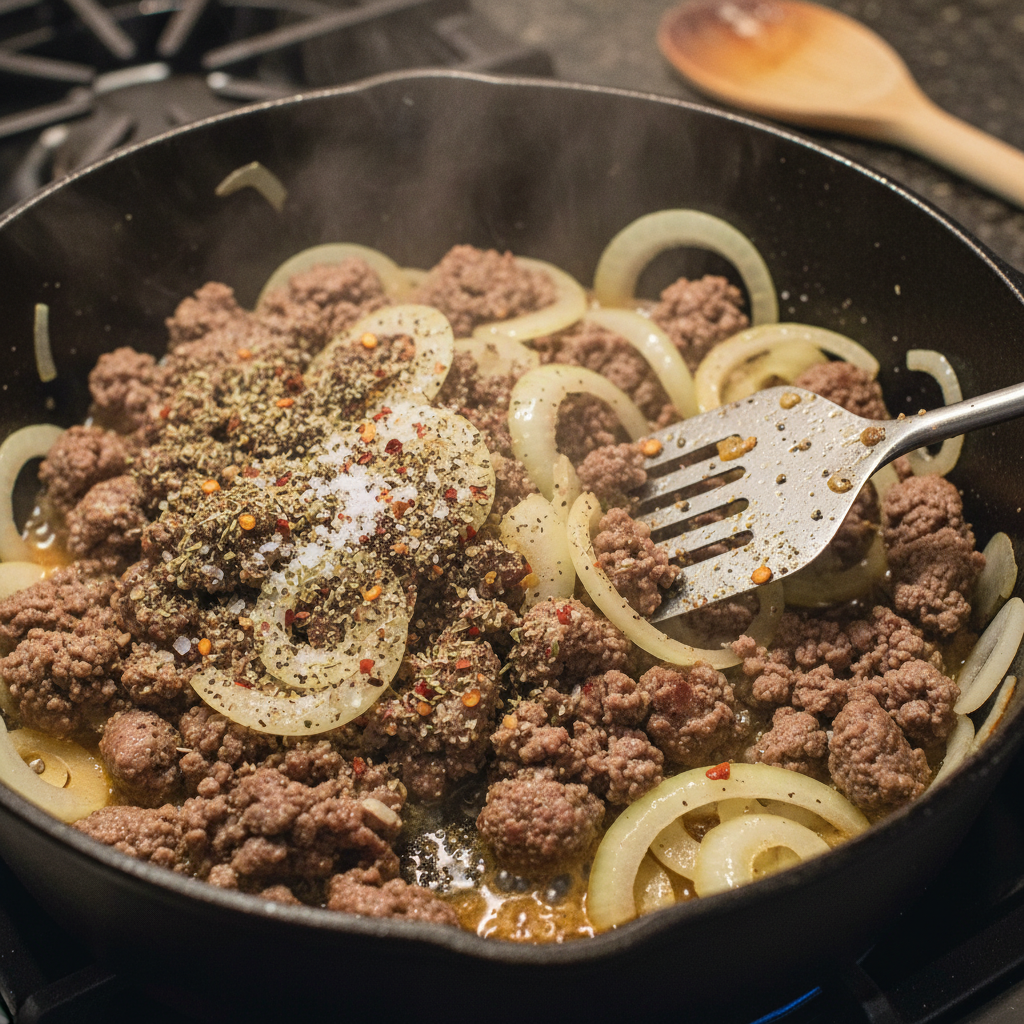 Ground beef cooking and browning in pot