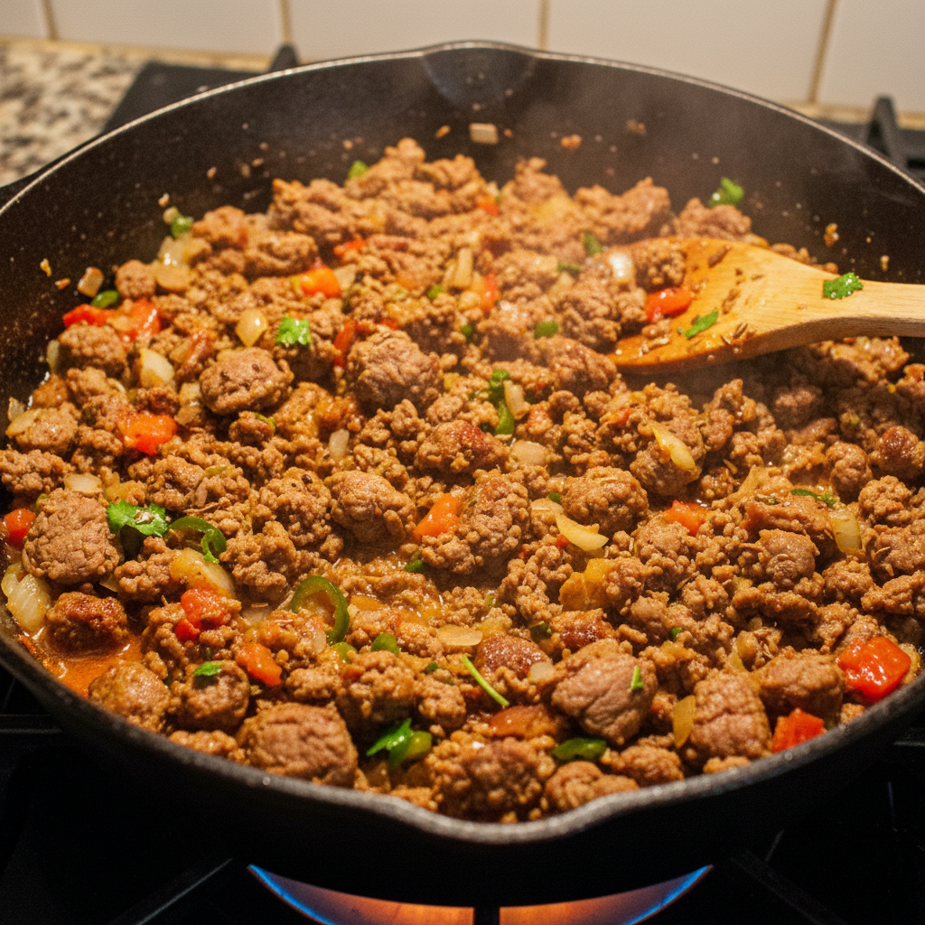 Delicious cooked taco meat in a skillet
