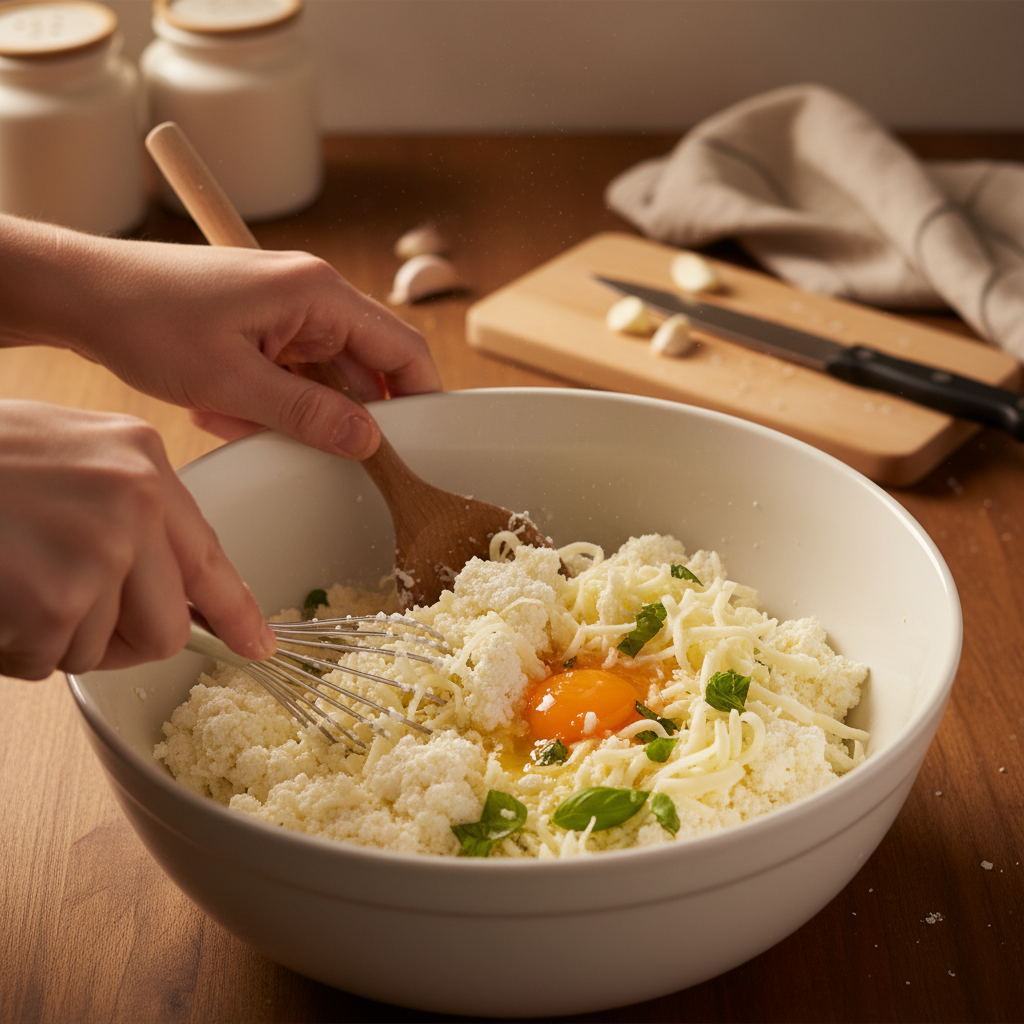 Preparing ricotta filling for zucchini rolls