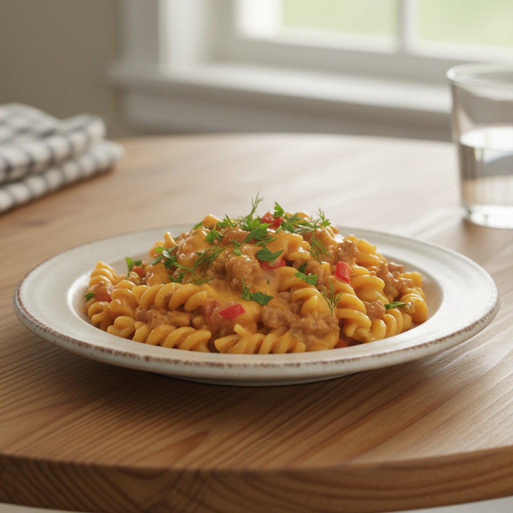 Homemade hamburger helper finished dish in pan