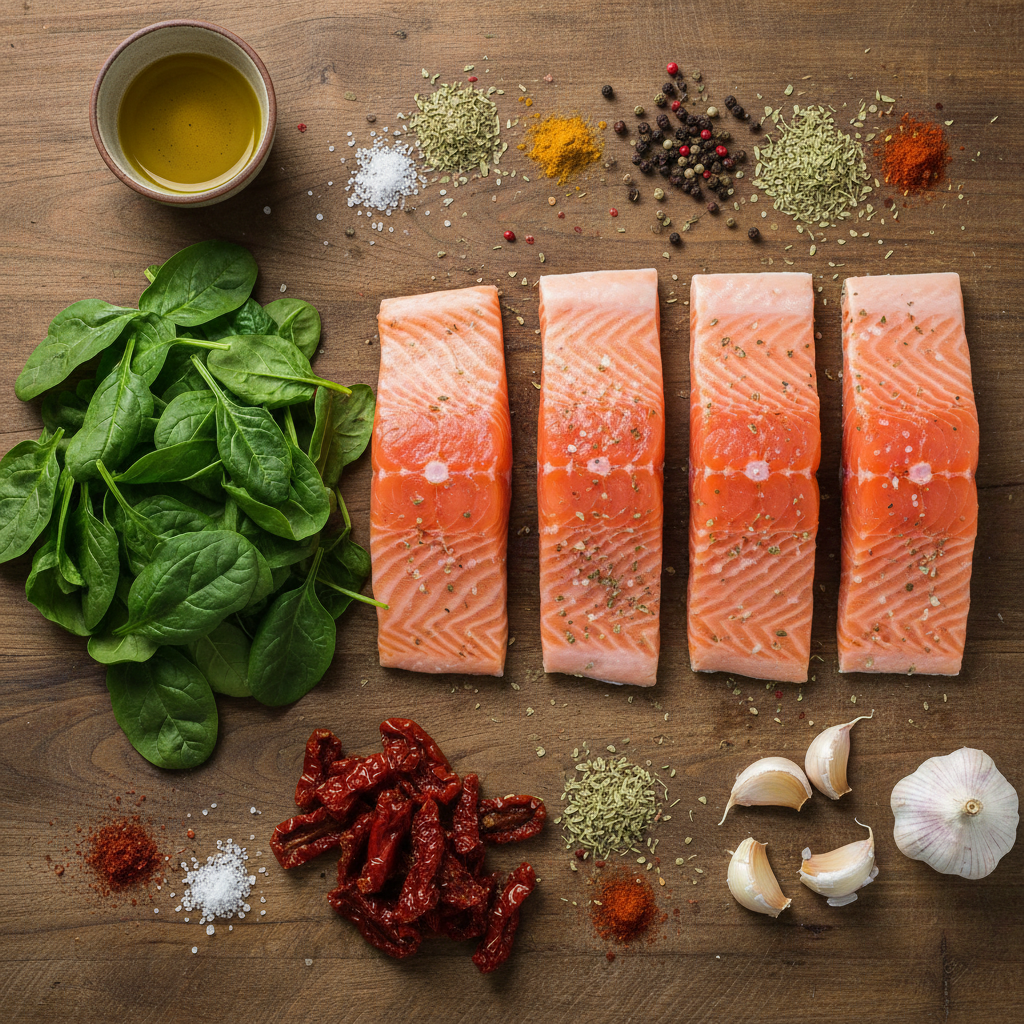 Ingredients for Creamy Garlic Tuscan Salmon