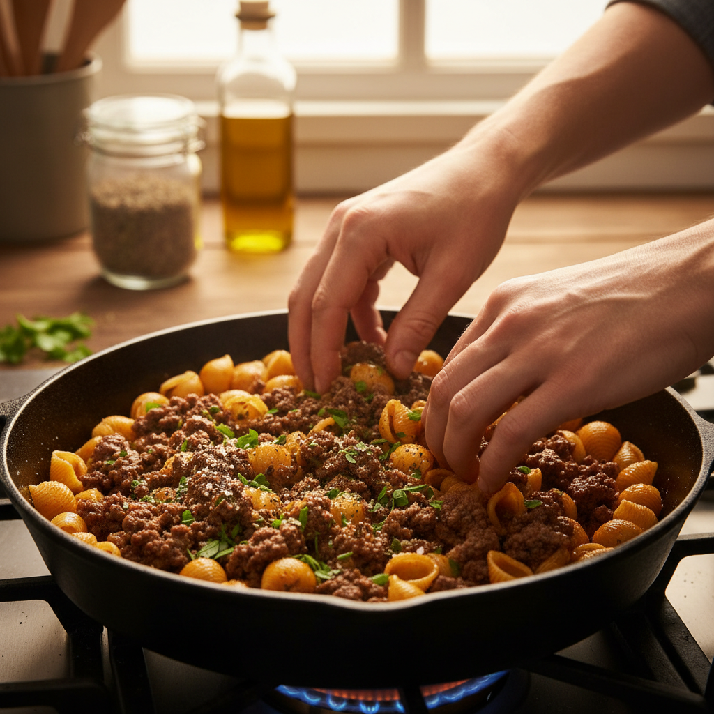 Cooking ground beef and sautéing onion and garlic for Hamburger Helper