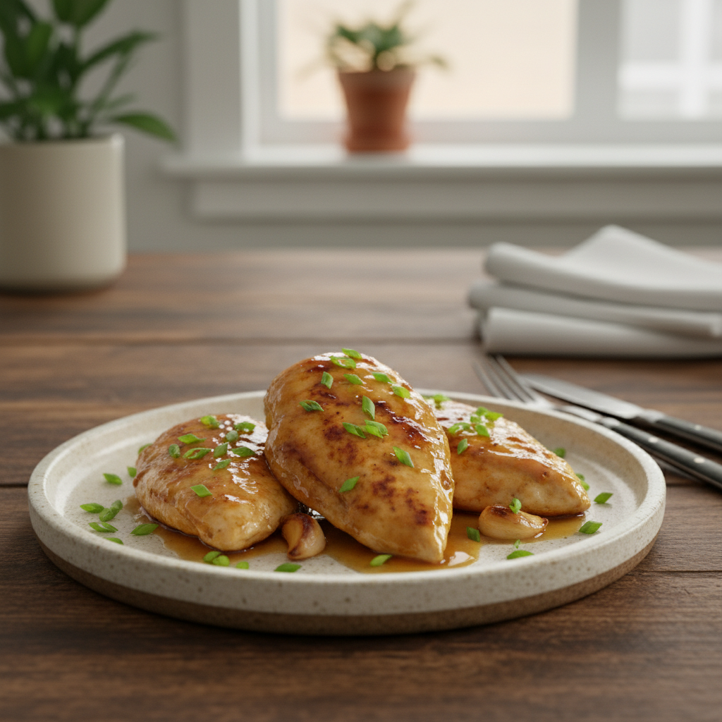Plated Honey Garlic Chicken served with garnish