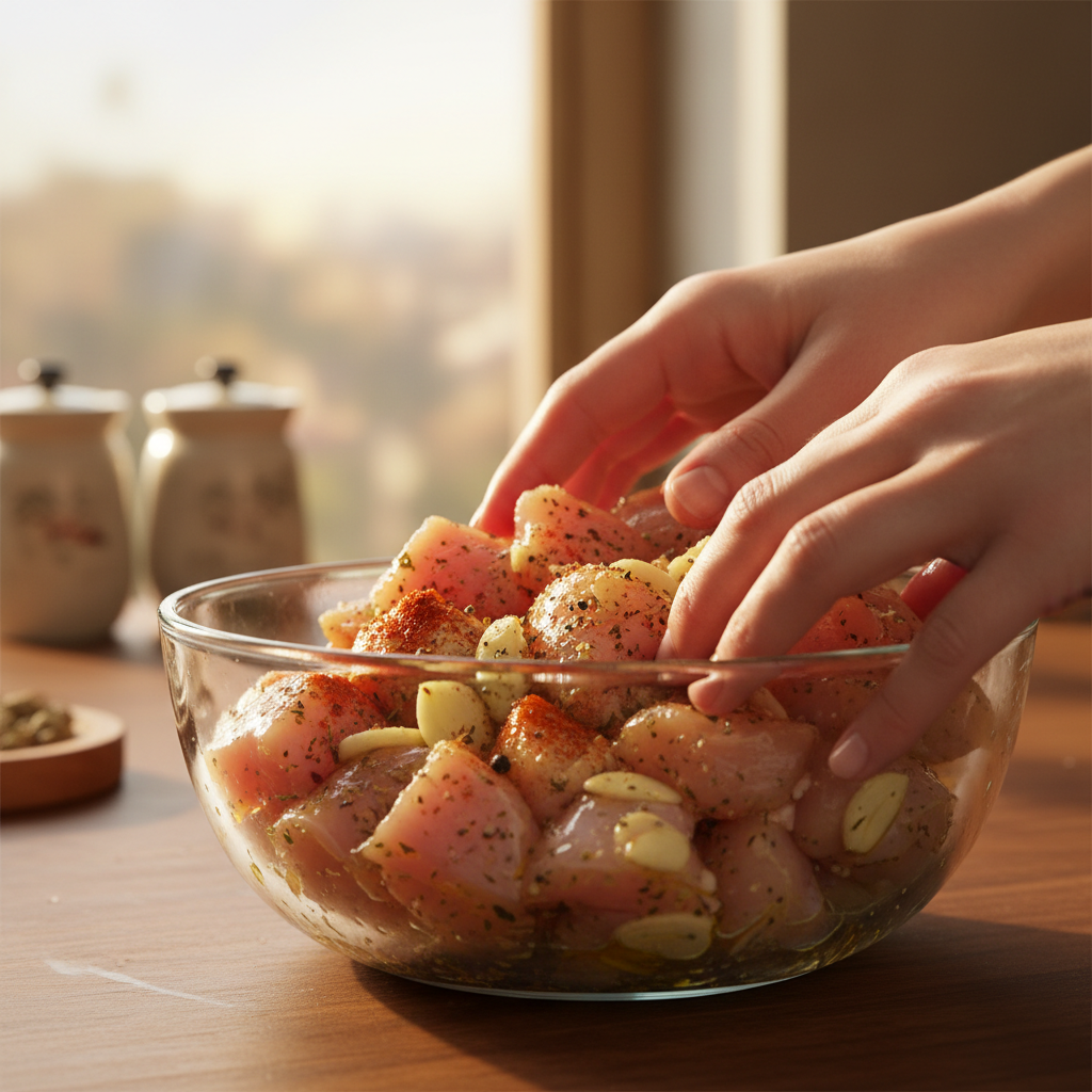 Chicken pieces browning in skillet