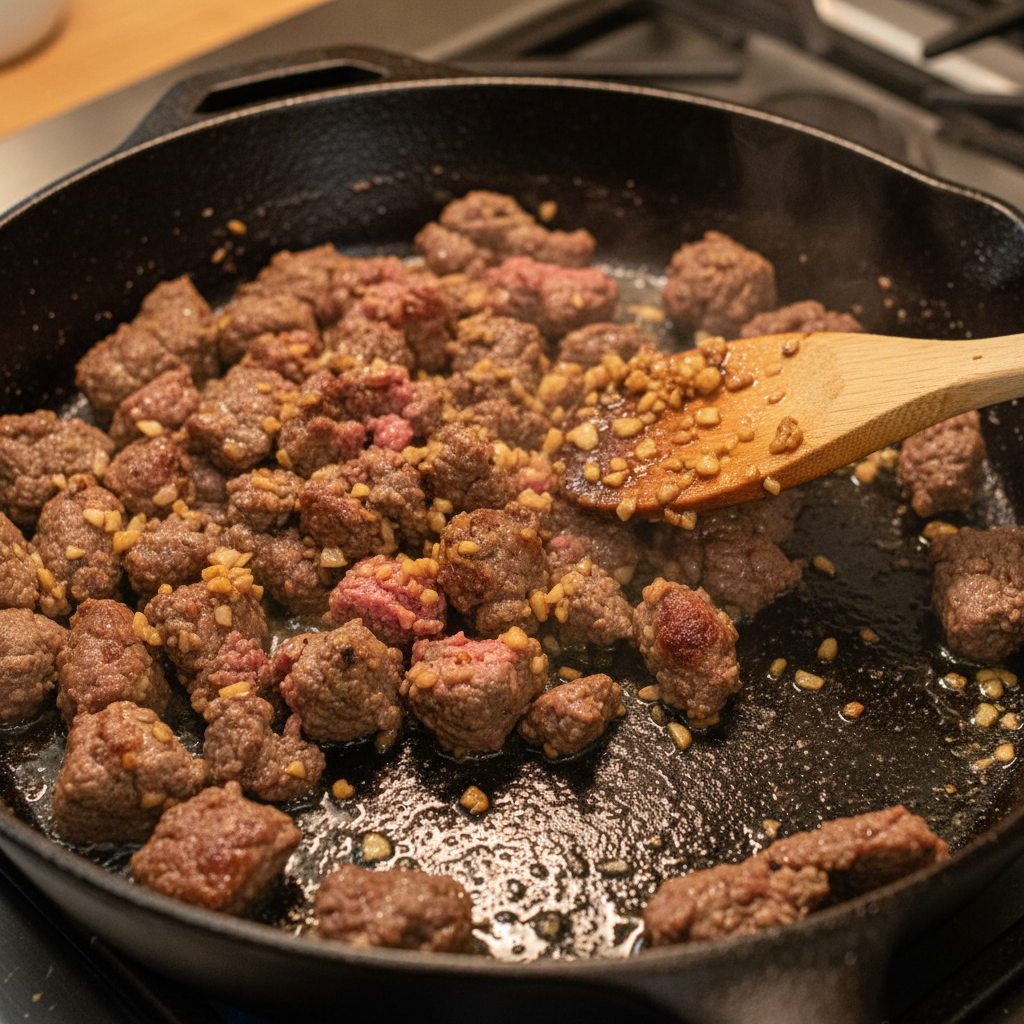 Ground beef cooking with garlic in skillet