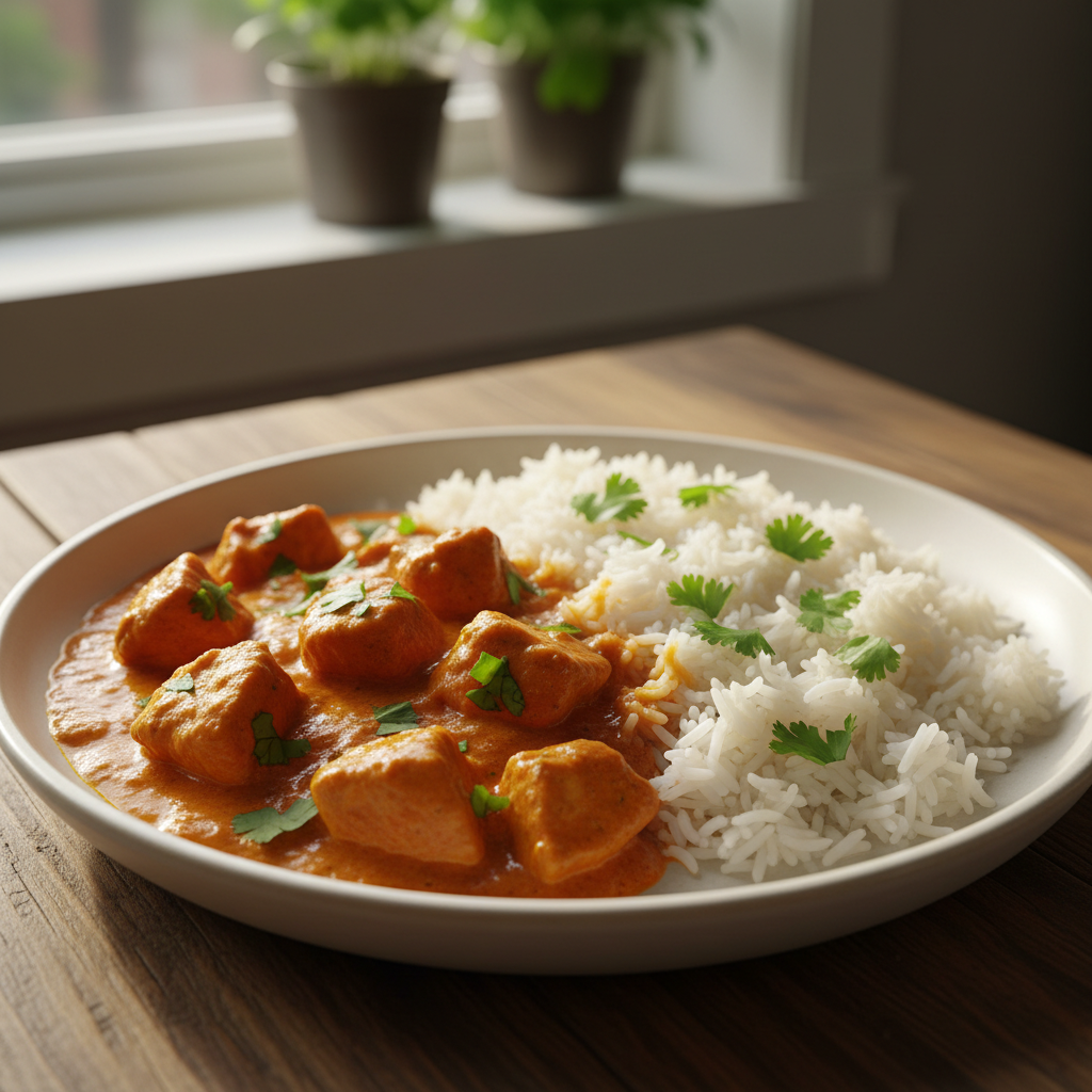Butter chicken served with sides and notes displayed