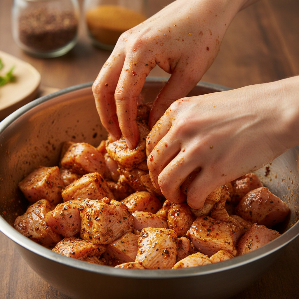 Chicken marinating in bowl with spices